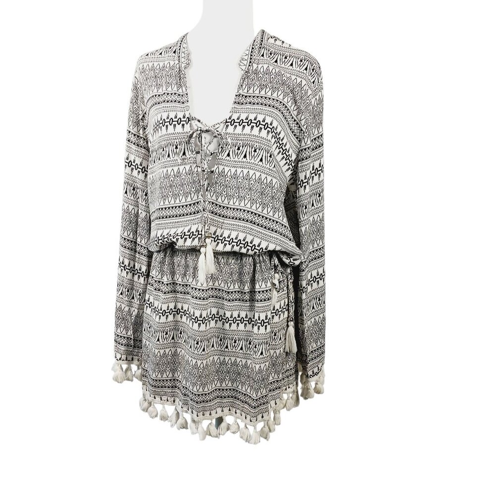 Blue Island Swim Cover Up, Size Medium, Black & White Print With White Pom Trim